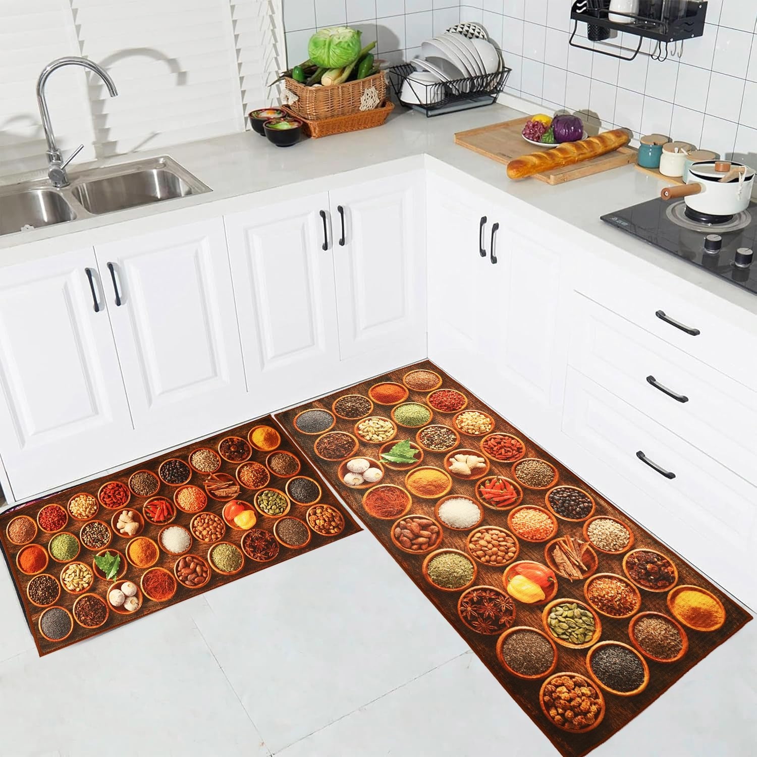 20502 Spice Cooking Kitchen Rugs Set of 2 Anti-Fatigue 0.4 Inches Thick Spices Colorful Kitchen Floor Mats Washable Rug Comfort Standing Waterproof Non Slip Mat for Kitchen Sink (17.3" x 28" + 17.3" x 47")
