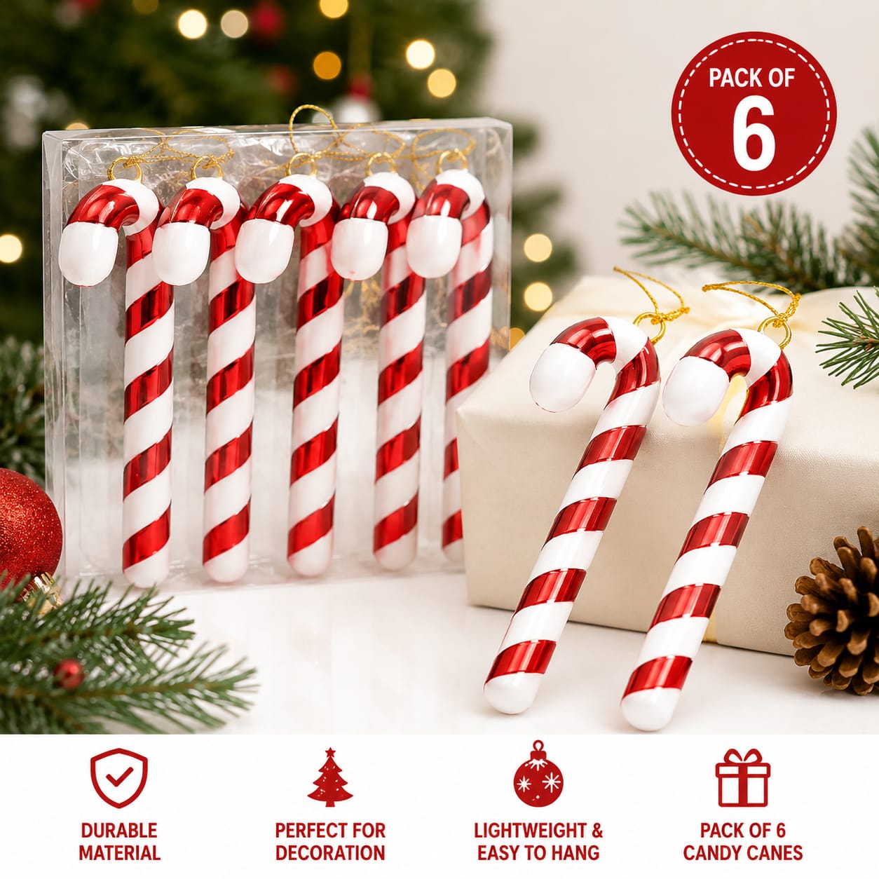21054 (Set of 6) Christmas Candy Cane Hanging Ornament – Red & White Striped Tree Decoration