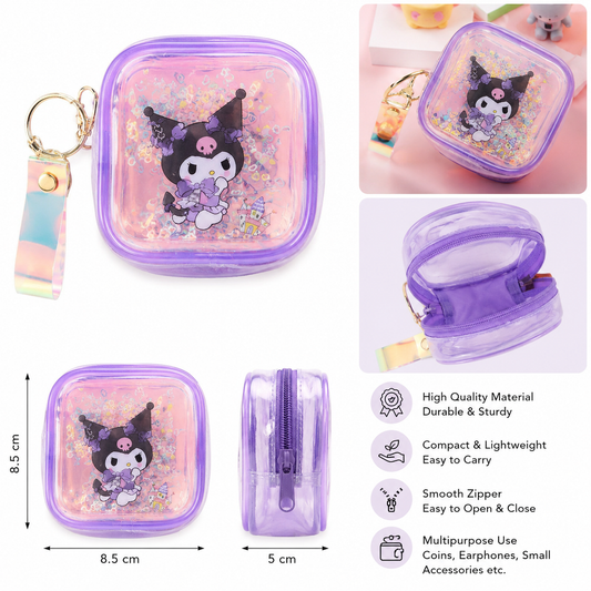 20919 Transparent PVC Mini Coin Pouch with Keychain & Wrist Strap | Cute Cartoon Zipper Wallet | Portable Earbuds & Coin Case