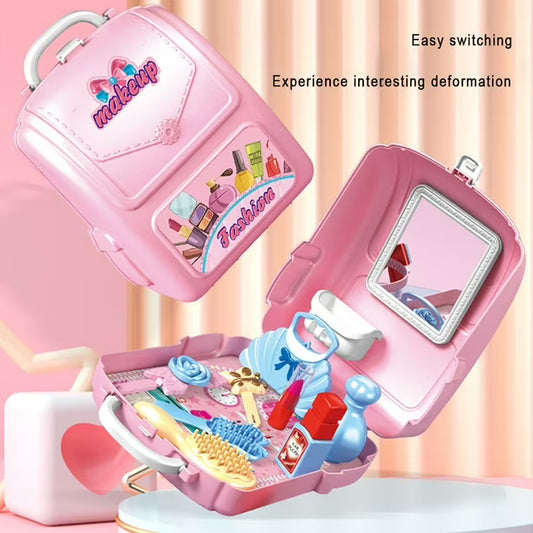 133A Pretend to Play Set Toys Simulation Jewelry Dressing Table Toothbrush Tool Set Kitchen Tableware with Backback Box for Boys Girls White