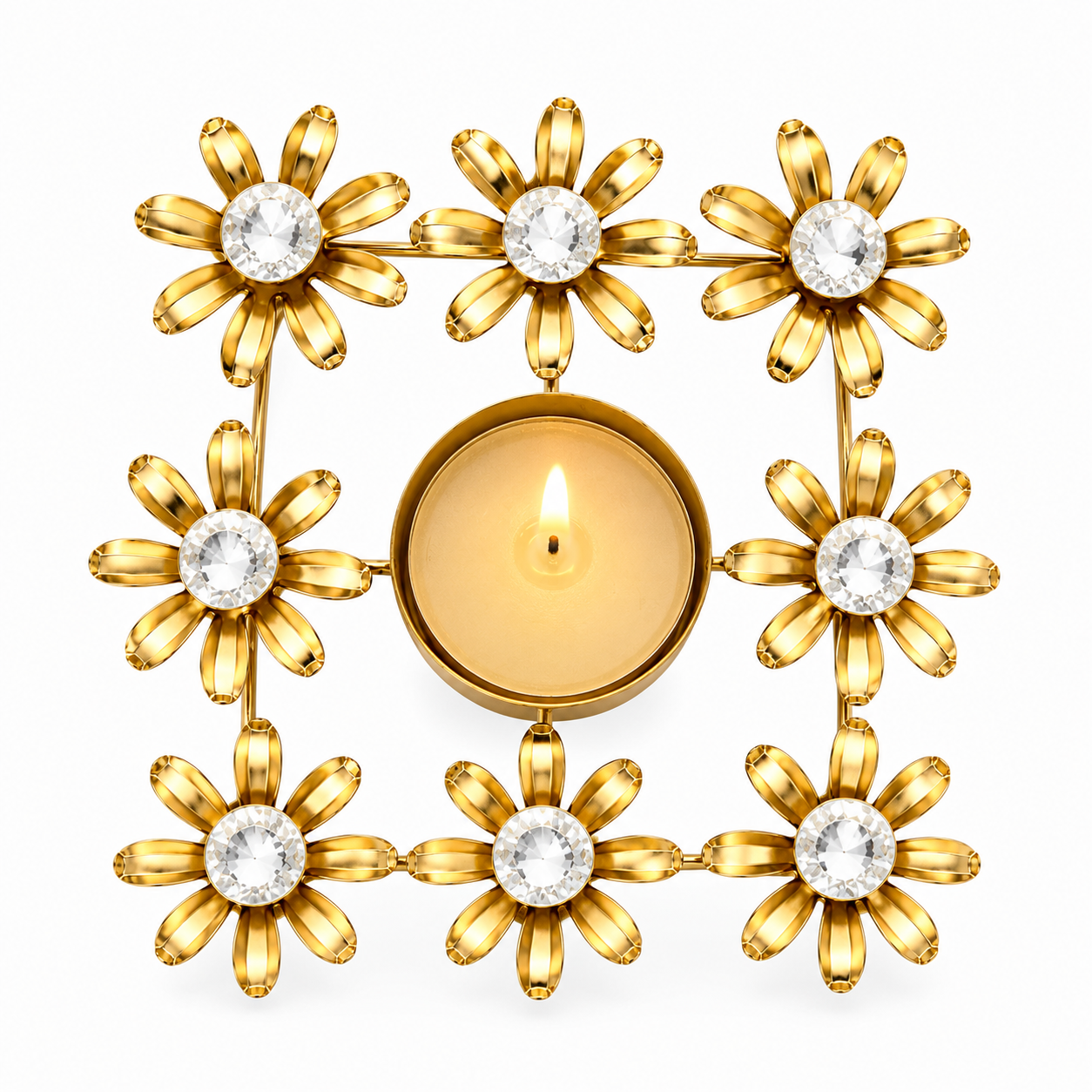 20916 Golden Crystal Flower Metal Tealight Candle Holder | Decorative Table Centrepiece for Home, Diwali & Wedding Décor