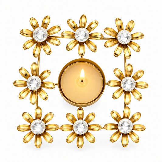 20916 Golden Crystal Flower Metal Tealight Candle Holder | Decorative Table Centrepiece for Home, Diwali & Wedding Décor