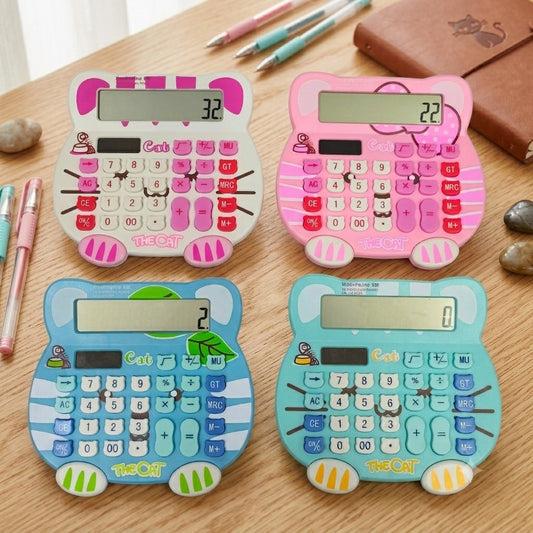 838 Adorable Creative 12 Digits Solar Dual Power Cartoon Cat Shape LCD Display Desktop Calculator with Big Screen {Random Color}
