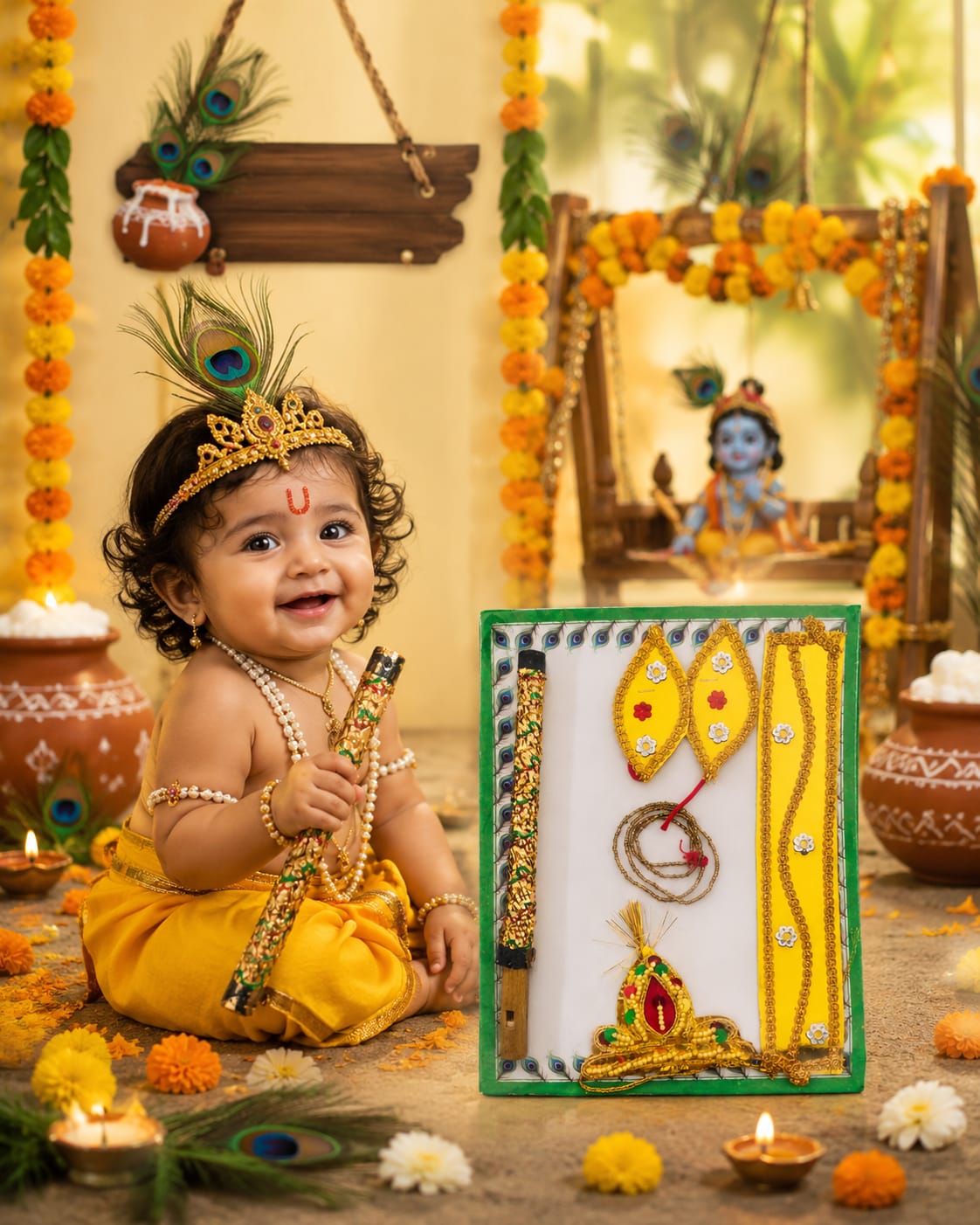 21122 Krishna Costume Accessories Set with Mukut, Bansuri, Mala, Kamarband and Bajuband, Golden for Janmashtami Festival Kid Age 0 to 2 Years