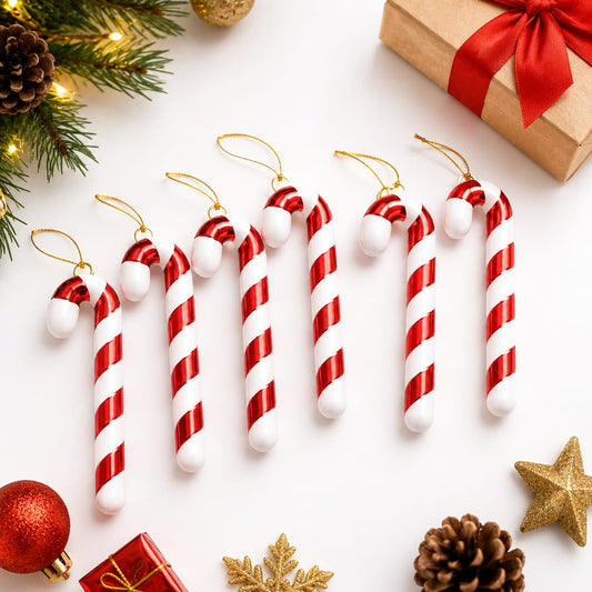 21054 (Set of 6) Christmas Candy Cane Hanging Ornament – Red & White Striped Tree Decoration