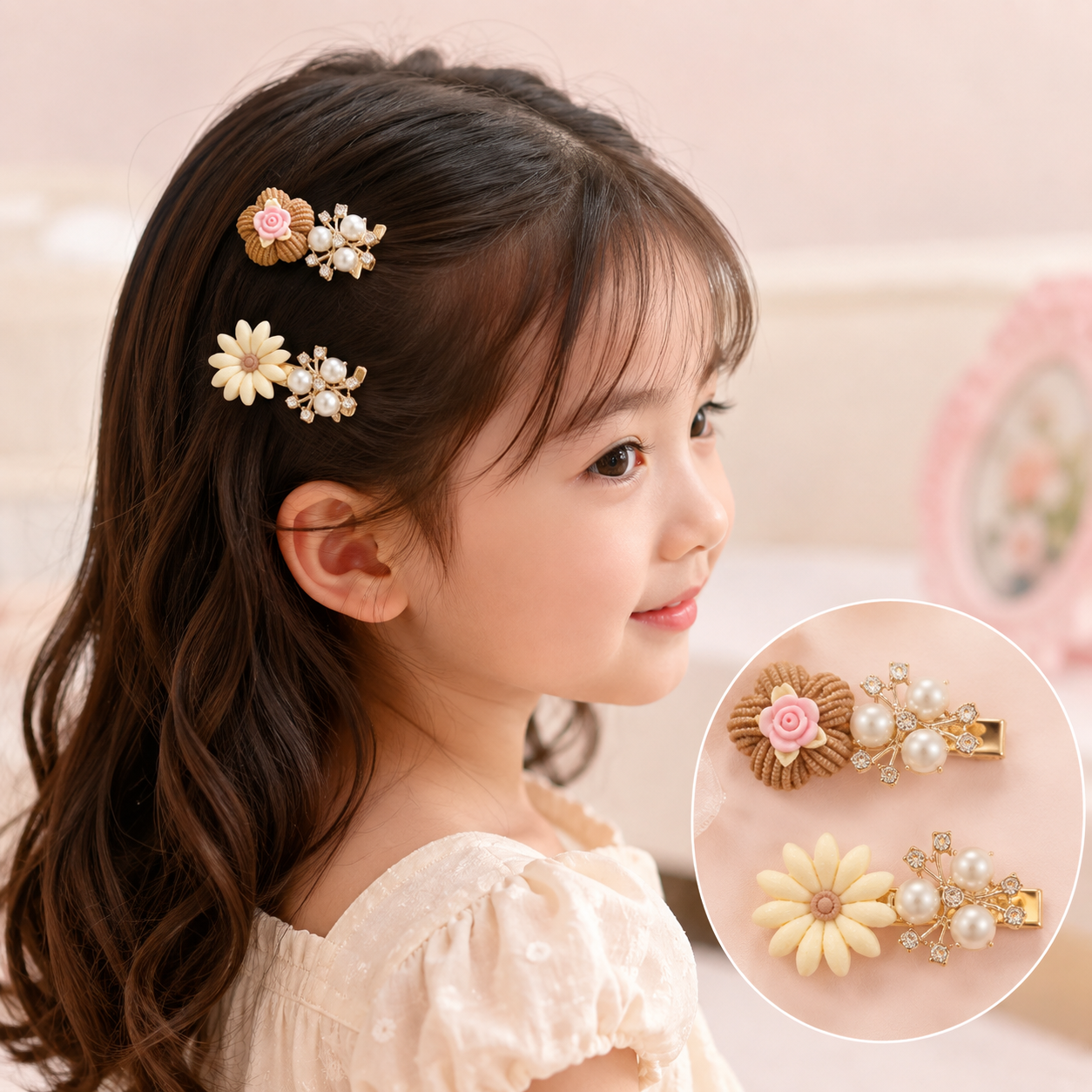 20930 12 Pair Set Girls Fancy Hair Clips Set | Cute Flower & Pearl Hair Pins Combo Pack | Stylish Hair Accessories for Kids & Women