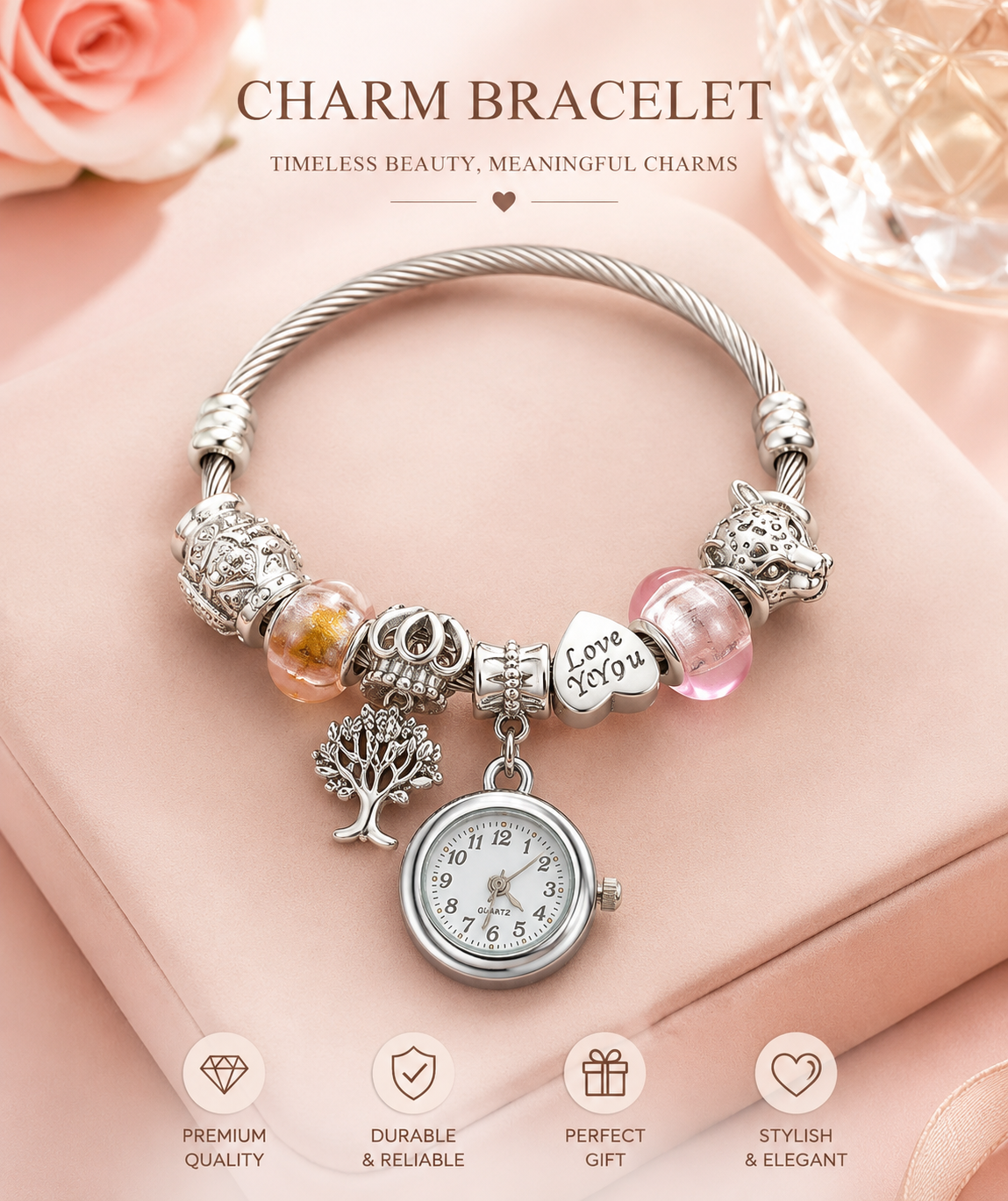 20657 Elegant Bracelet with Clock | Adjustable Bangle | Stainless Steel  |  Silver Jewellery for Women {Random Design}