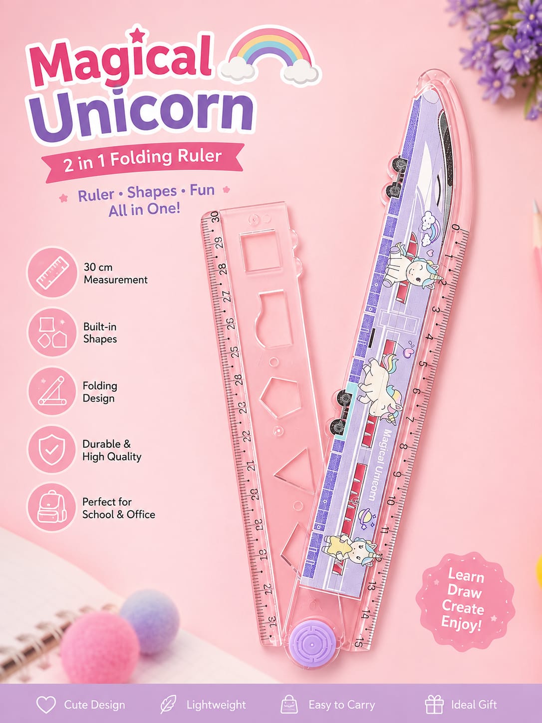 20939 Magical Unicorn 2-in-1 Folding Ruler | 30cm Measuring Scale with Built-in Geometry Shapes | Foldable Plastic Ruler for Kids, School & Office