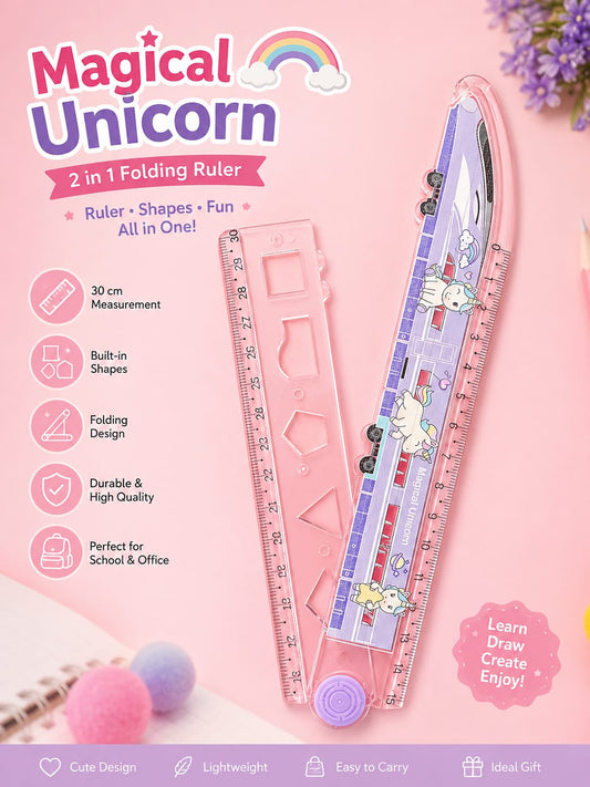 20939 Magical Unicorn 2-in-1 Folding Ruler | 30cm Measuring Scale with Built-in Geometry Shapes | Foldable Plastic Ruler for Kids, School & Office