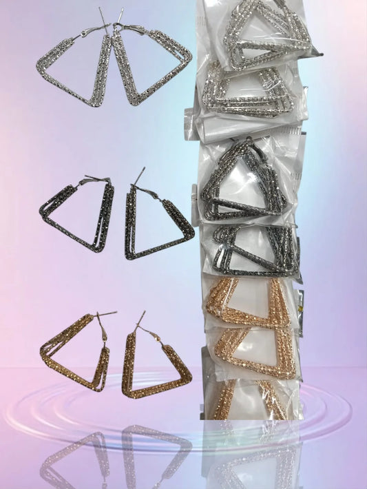 10435 {12 Pair} 3 Layer TRIANGLE with Design Non-precious Metal 4CM Hoops Earrings for Women & Girls