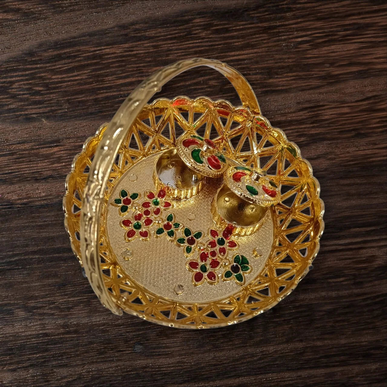 11357 Haldi Kumkum Golden Basket Holder | All in one Gift for Women, Weddings, Pooja Functions