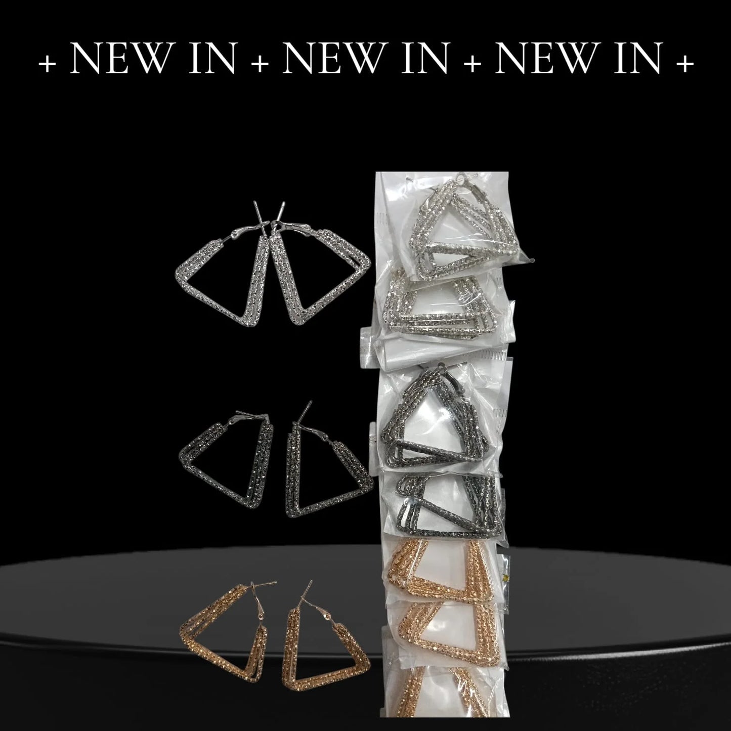 10435 {12 Pair} 3 Layer TRIANGLE with Design Non-precious Metal 4CM Hoops Earrings for Women & Girls