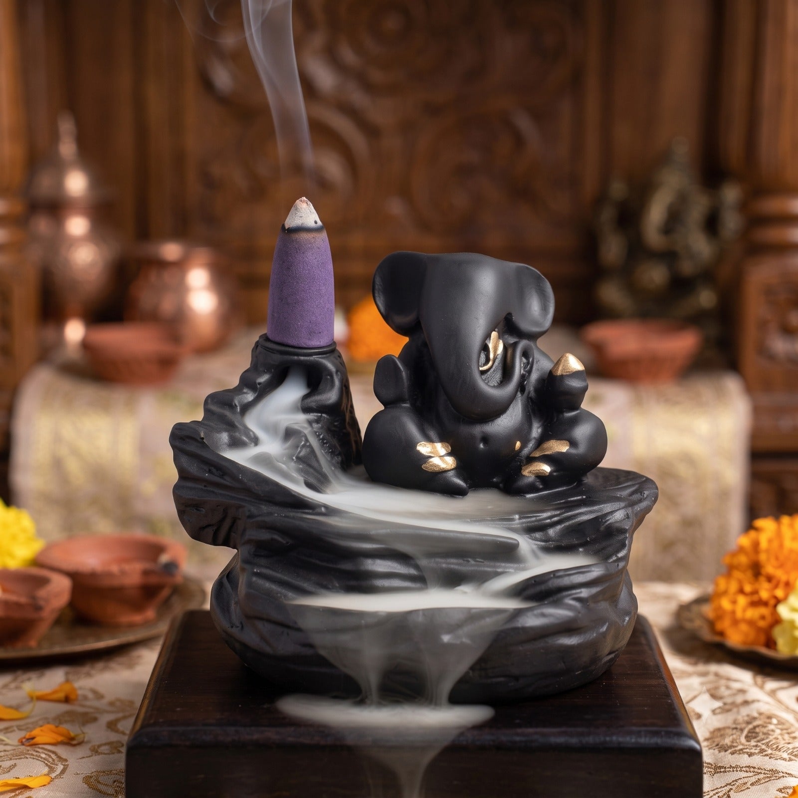 21094 Smoke Fountain Ganesha Idol Decoration Items with 8 Pc Backflow Incense Cones Sticks