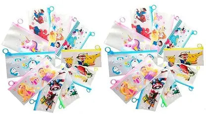 200566 {12 Pcs} Bundle Cartoon Stationery Zip Pouch for Pen Pencil and Multi Utility Best for Return Gifts {Random Design}