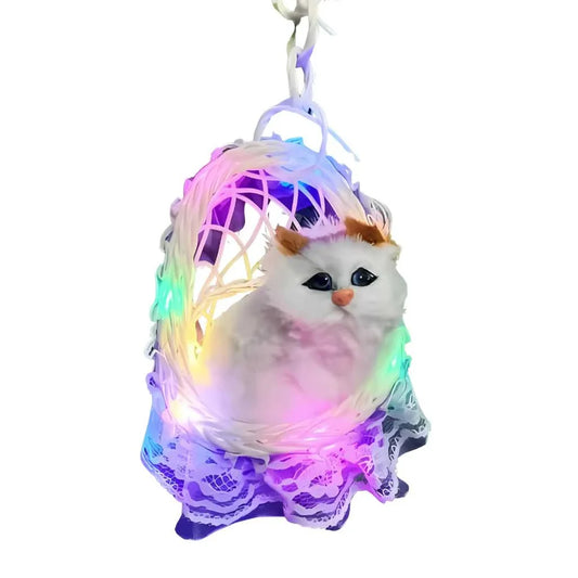 20567 Fluffy Cat With Sound Plush Figurine in Hanging Basket, with Colorful Lights & Music White, Soft Plush Material, with ON/Off Sound Feature, Home Decor Accent