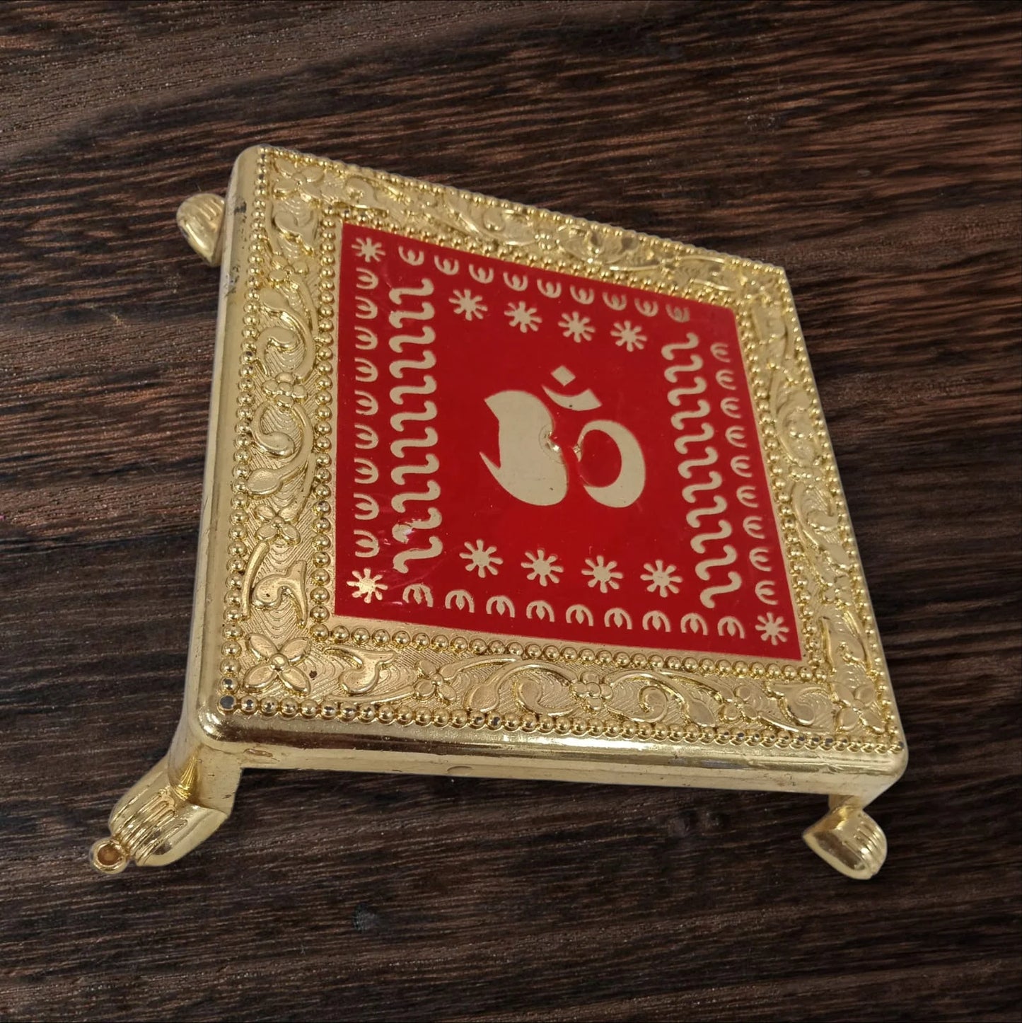 11347 Decorative Swastik, Om, Kalash Chowki, Gold-Plated Plastic Stand with Red Enamel Design 15 Cm