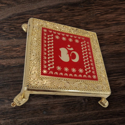 11347 Decorative Swastik, Om, Kalash Chowki, Gold-Plated Plastic Stand with Red Enamel Design 15 Cm