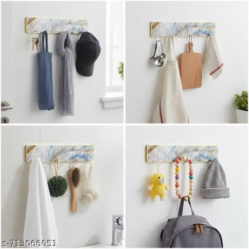 21349 Wall Hanger Hooks for Hanging Clothes  Self Adhesive Strong Hanger Hooks | Printed 6 Hooks Wall Hanger for Kitchen Bathroom Bedroom Door Office