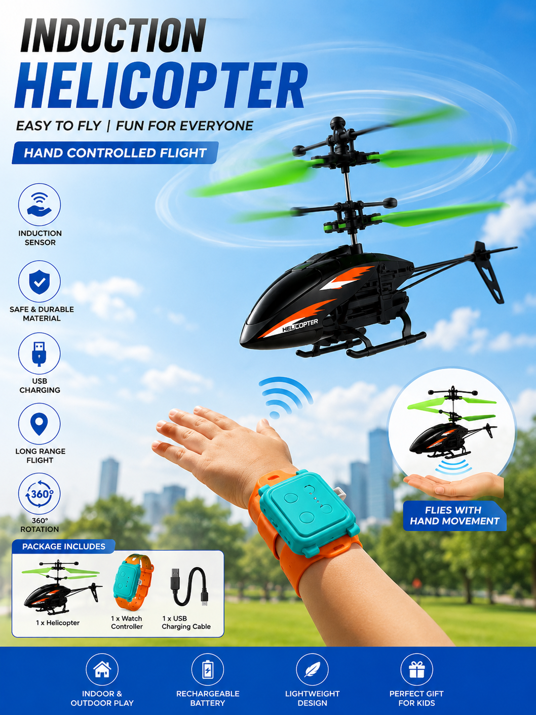 20588 Remote Controlled Helicopter With Unbreakable Blades, Hand Sensor Heli Watch