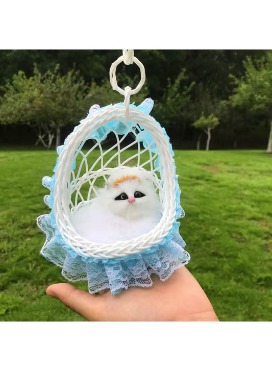 20567 Fluffy Cat With Sound Plush Figurine in Hanging Basket, with Colorful Lights & Music White, Soft Plush Material, with ON/Off Sound Feature, Home Decor Accent