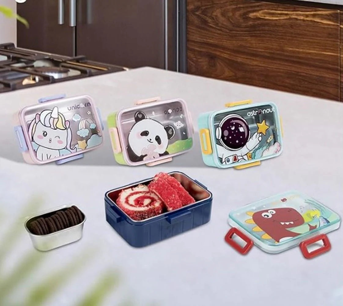 2576 Kids Cartoon Lunch Box – 600ml + 100ml Stainless Steel Tiffin with Extra Bowl | Leakproof, BPA-Free & Cute Designs (Dino, Unicorn, Panda, Space)