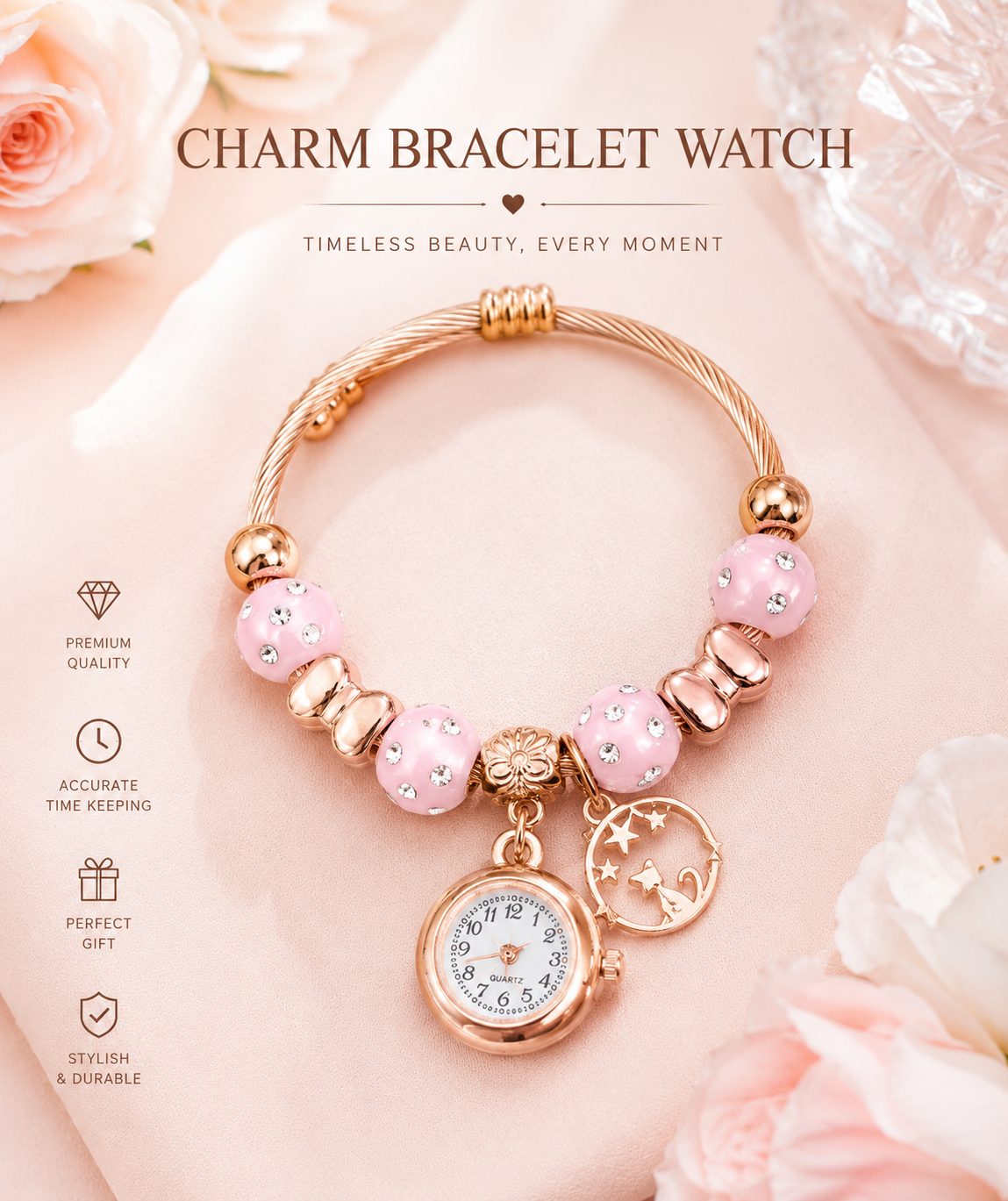 20658 Bracelet Watch for Girls and Ladies | Gift Item| Golden steel Beaded Adjustable Quartz Watch Bangle Jewellery Friendship Bracelet {Random Design}