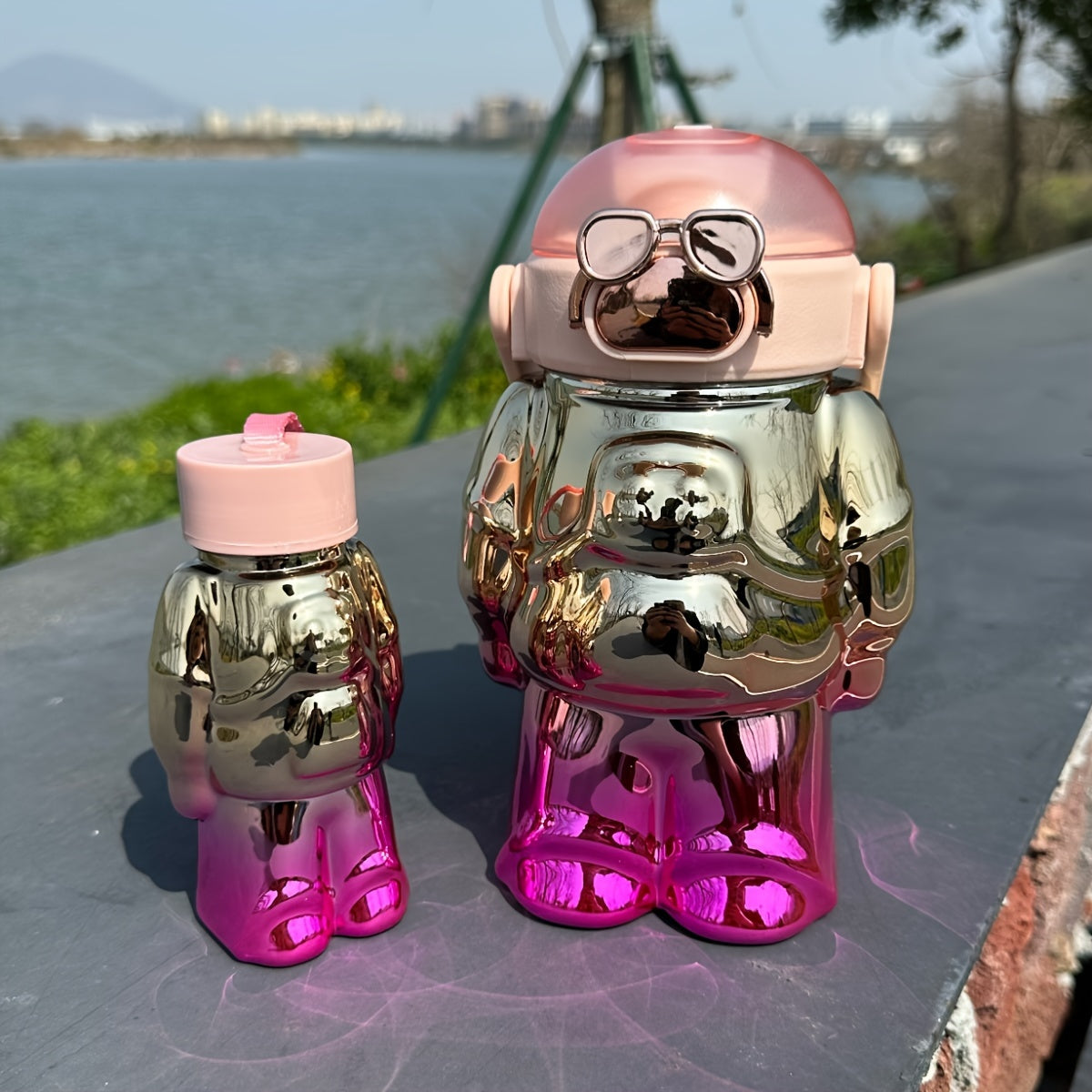 20709 Home Cloud Set of 2pc (1000 + 200ml) BPA-Free, Leak-Proof Robot Shape Water Bottles - The Ultimate Hydration Solution for Kid's, School, Gym, and Picnic Adventures {Random Color}
