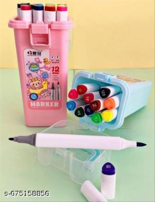 CK6779-12 {2 in 1} Marker Pens With Cute Stamp, Dual Tips Marker 12 Pen, Color Pens for Painting Coloring Drawing
