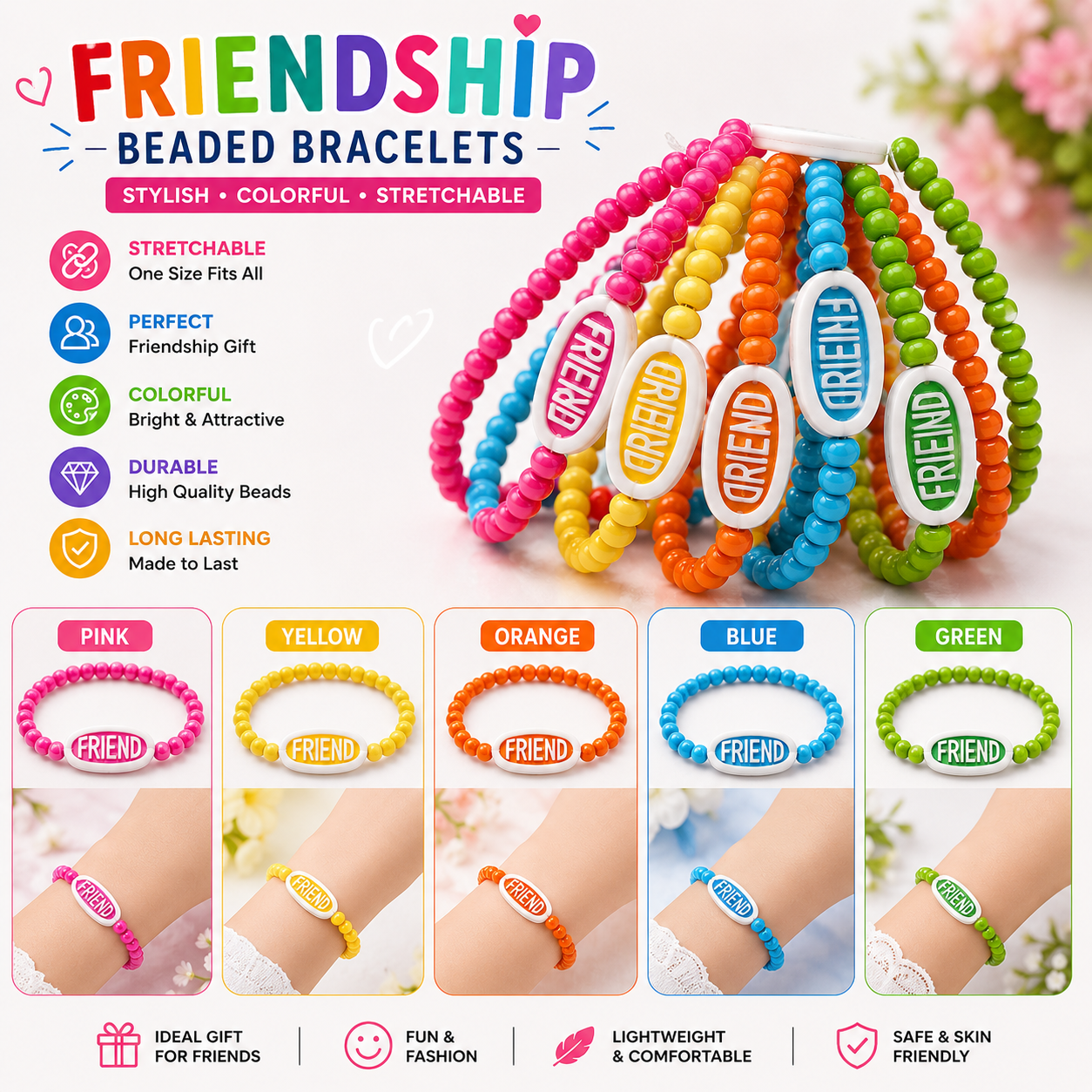 20851 {12 Pcs} Colorful Friendship Bead Bracelet for Kids | Elastic Wrist Band {Random Design}