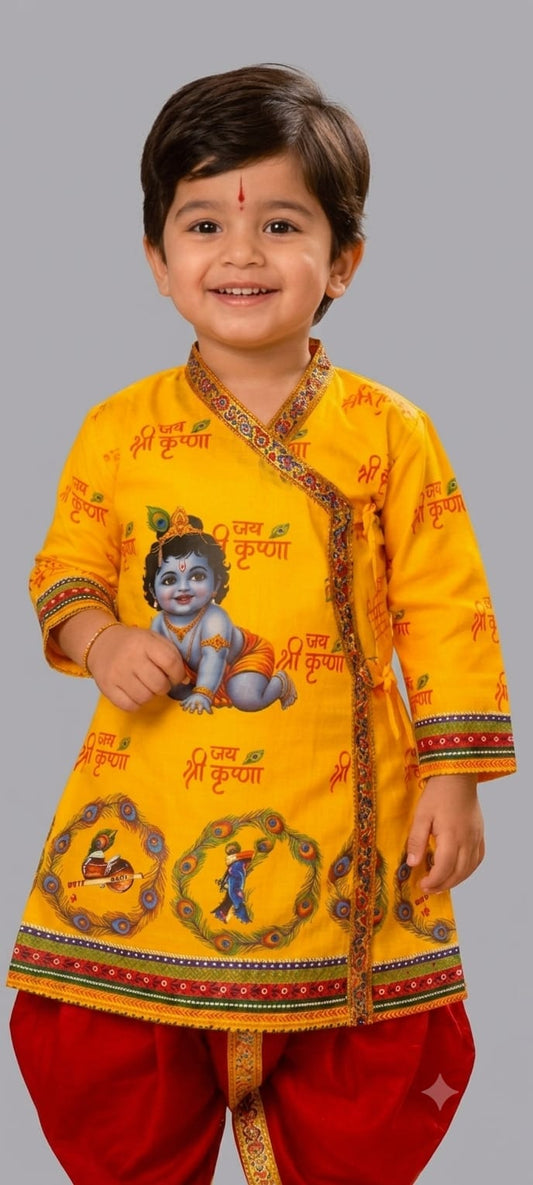 21067 Baby Boy Krishna Kurta Dhoti Set – Yellow Printed Traditional Ethnic Wear for Janmashtami