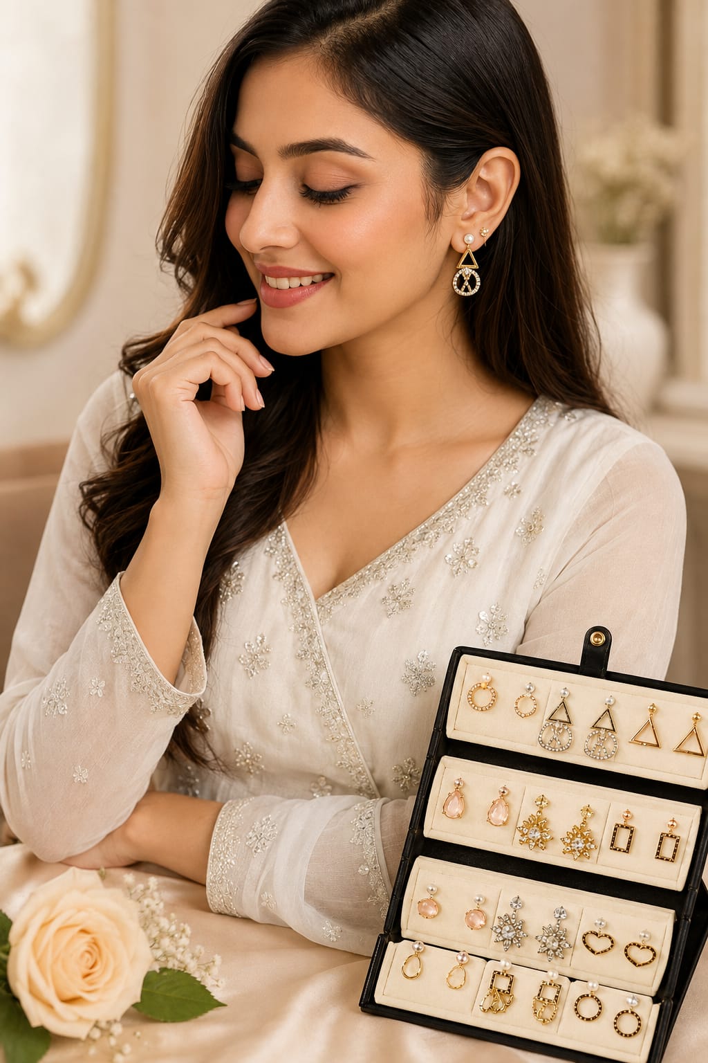 20945 Premium 12 Pairs Korean Style Earrings Combo Set for Women | Trendy Gold, Crystal & Pearl Designs | Gift Collection with Foldable Display Stand