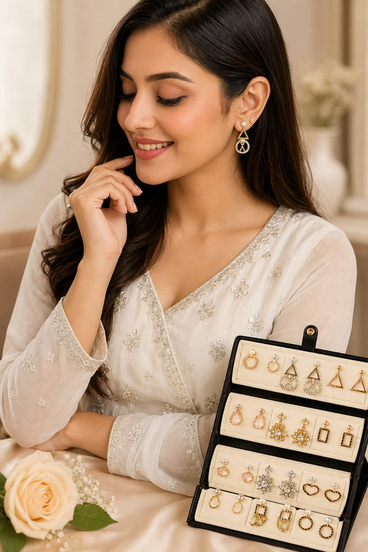 20945 Premium 12 Pairs Korean Style Earrings Combo Set for Women | Trendy Gold, Crystal & Pearl Designs | Gift Collection with Foldable Display Stand