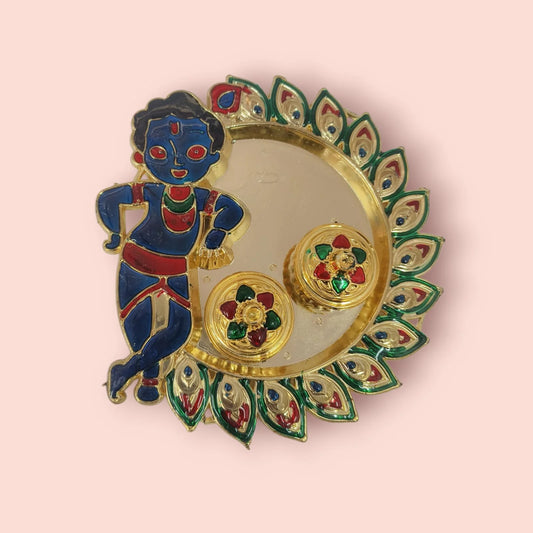 11351 Traditional Handcrafted Gold Plated Plastic Thali Haldi kumkum Chandhan Holder Plate with Lid for Pooja {Random Design}