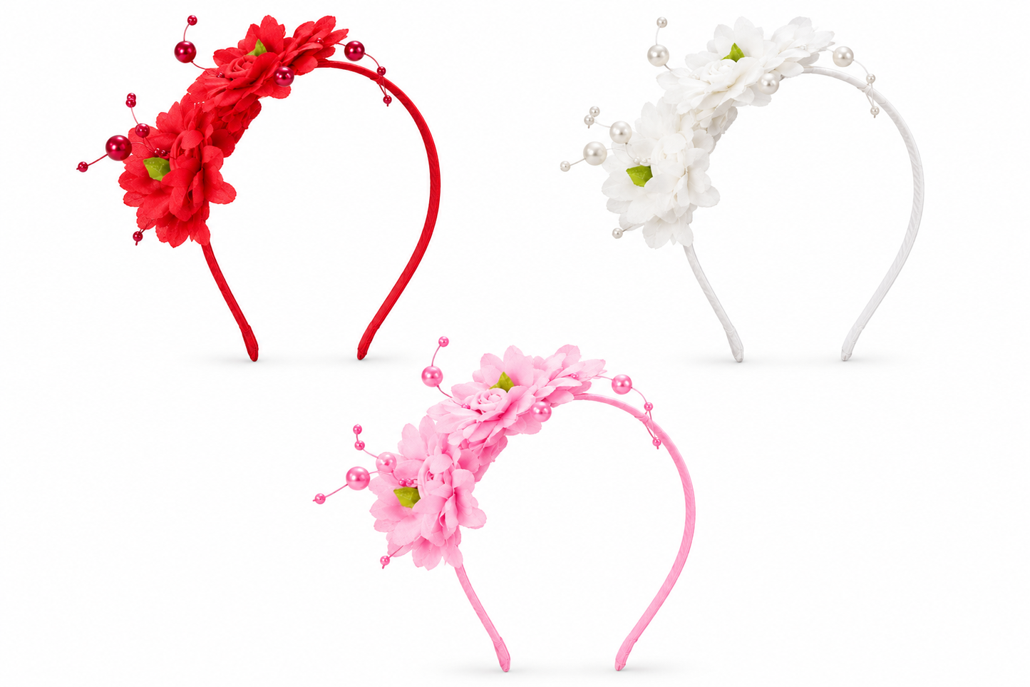 20901 {Pack of 12} Floral Pearl Hair Band for Girls (Red, White & Pink)