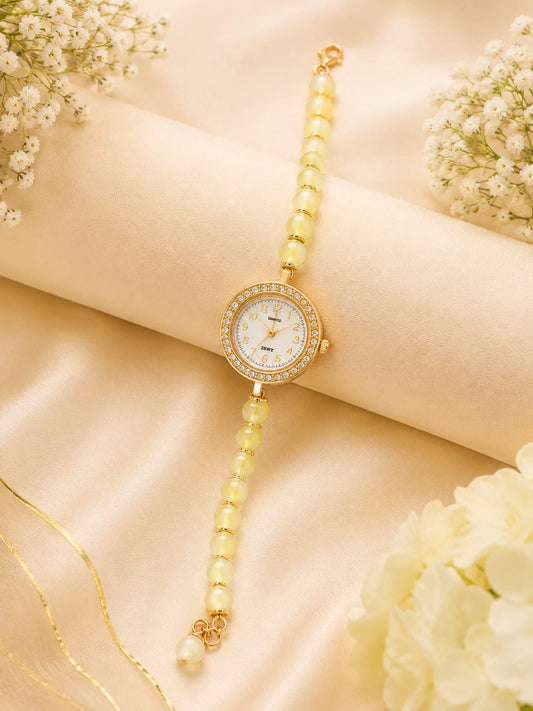 21076 Elegant Pearl Beaded Wrist Watch for Women & Girls – Stylish Gold-Tone Bracelet Watch