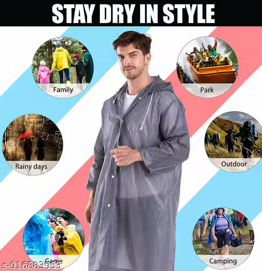 20717 Waterproof PE Plastic Raincoat with Hood for Men & Women | Lightweight Reusable Rain Wear | Snap Button Closure | Portable Emergency Outdoor Rain Protection {All age}