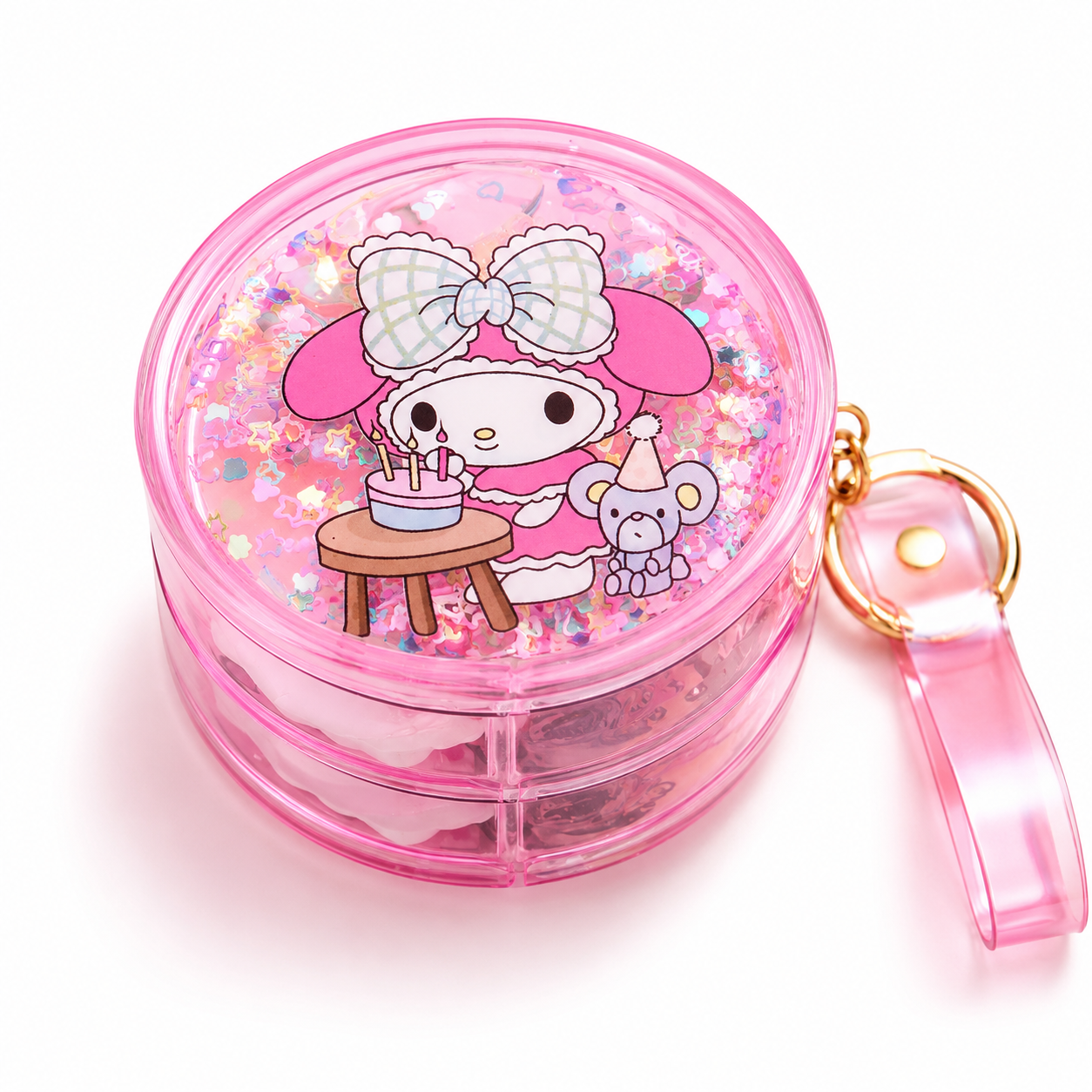 20920 Cute Round Mini Storage Box Keychain with Glitter Lid | 3-Layer Portable Organizer