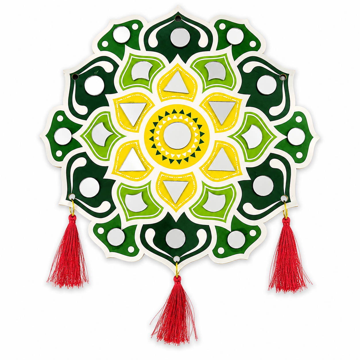 KLD 3088 Pack of 6 Decorative Mirror Wall Hanging | Mandala Hanging Ornament with Red Tassels | Home, Diwali & Festival Decoration (random colour)