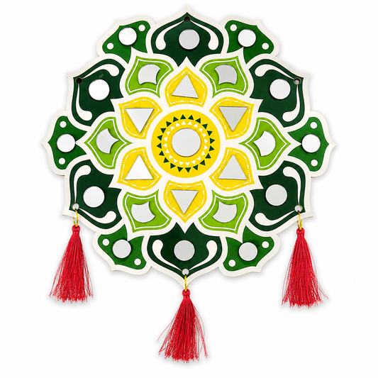 KLD 3088 Pack of 6 Decorative Mirror Wall Hanging | Mandala Hanging Ornament with Red Tassels | Home, Diwali & Festival Decoration (random colour)