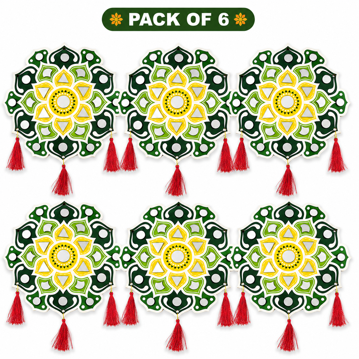 KLD 3088 Pack of 6 Decorative Mirror Wall Hanging | Mandala Hanging Ornament with Red Tassels | Home, Diwali & Festival Decoration (random colour)