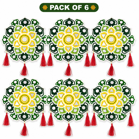 KLD 3088 Pack of 6 Decorative Mirror Wall Hanging | Mandala Hanging Ornament with Red Tassels | Home, Diwali & Festival Decoration (random colour)