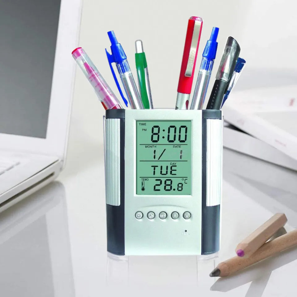 21105 Digital Clock Pen Holder for Smart Desk Setup, LCD Time Calendar Temperature Display & Alarm