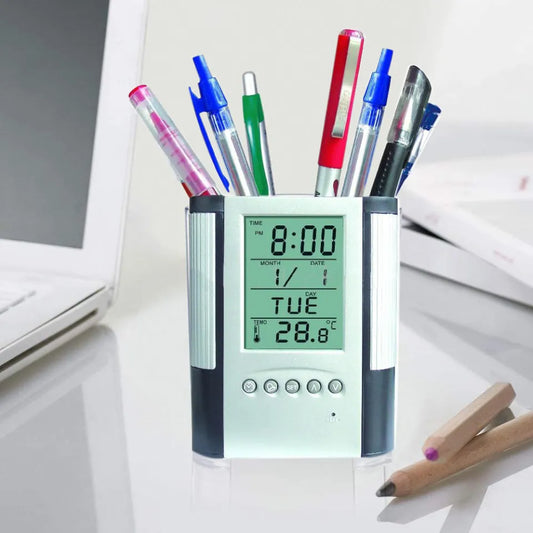 21105 Digital Clock Pen Holder for Smart Desk Setup, LCD Time Calendar Temperature Display & Alarm