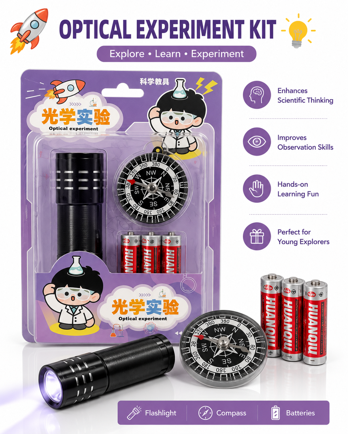 20849 Optical Experiment Kit, Science Kit for Kids, STEM Learning Toy, Educational Science Toy, Flashlight Kit, Compass Toy, Science Activity Kit, Kids Learning Set