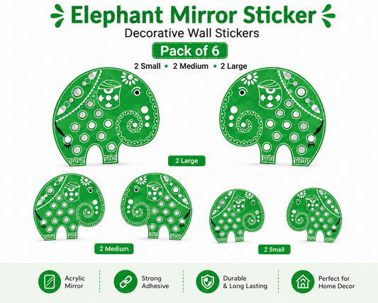 KLD 3107 Pack of 6 Elephant Acrylic Mirror Wall Stickers (2 Large + 2 Medium + 2 Small) | Decorative DIY Home & Living Room Wall Decor | Self-Adhesive Mirror Decals random colours