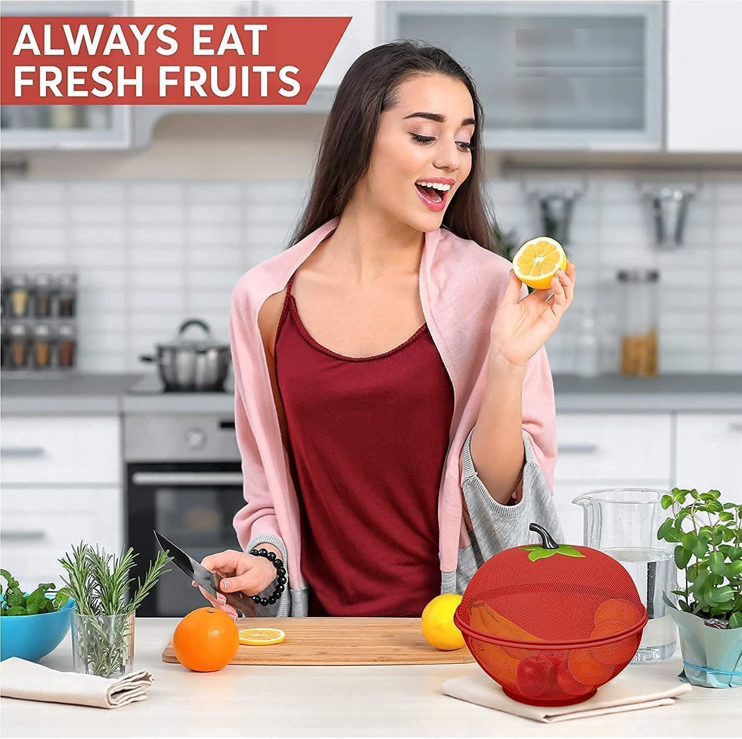 20707 Fruit & Food Cover Basket with Lid | Blue Mesh Design Fly Protector | Kitchen Multipurpose Storage Bowl with Cover | Ideal for Fruits, Vegetables, Snacks & Outdoor Use {Random Color}