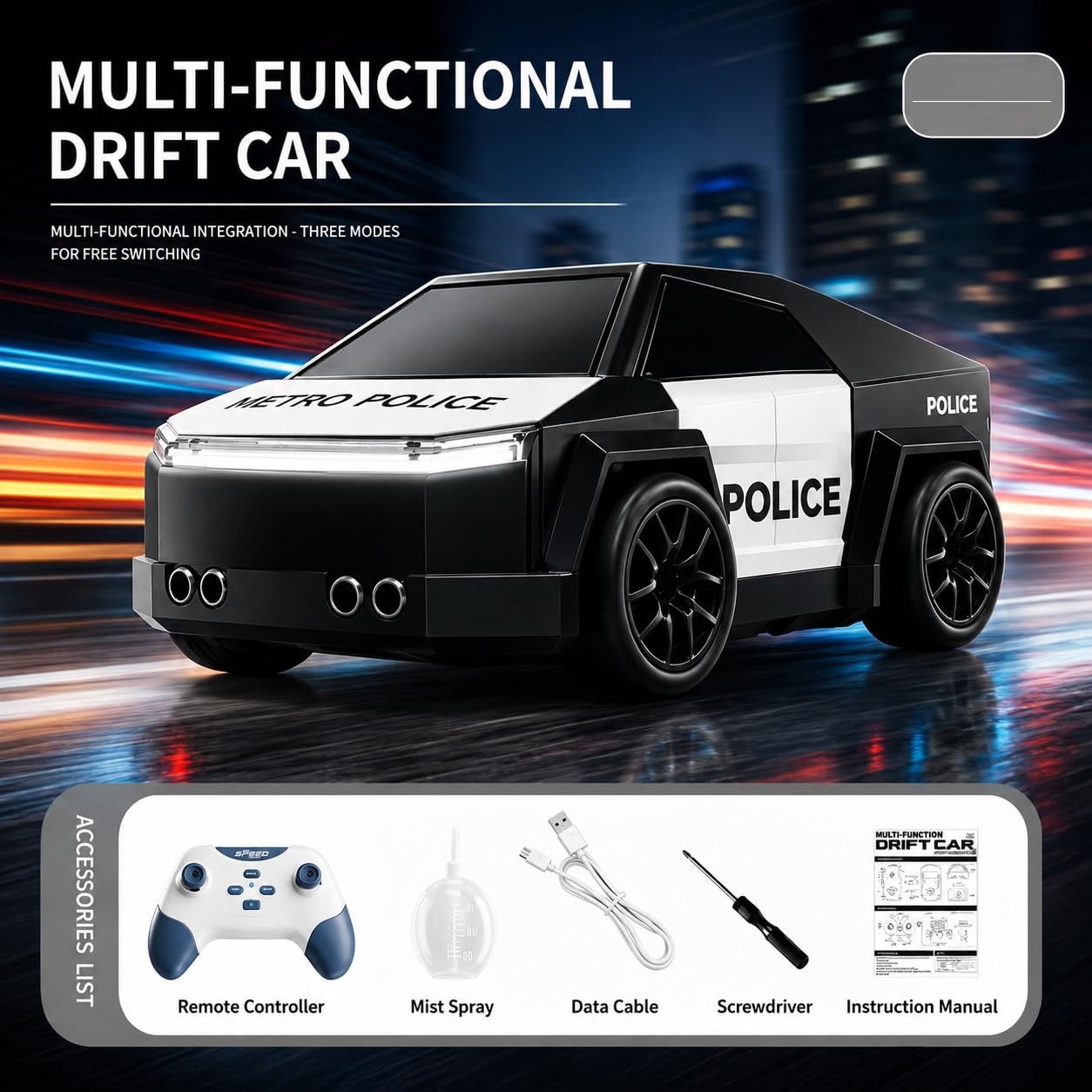 20873 Mini Police Drift Car for Kids with Spray Mist Effect, LED Lights, Music & 360° Drift Stunt Car Toy Rechargeable Mini Police Vehicle for Boys Girls