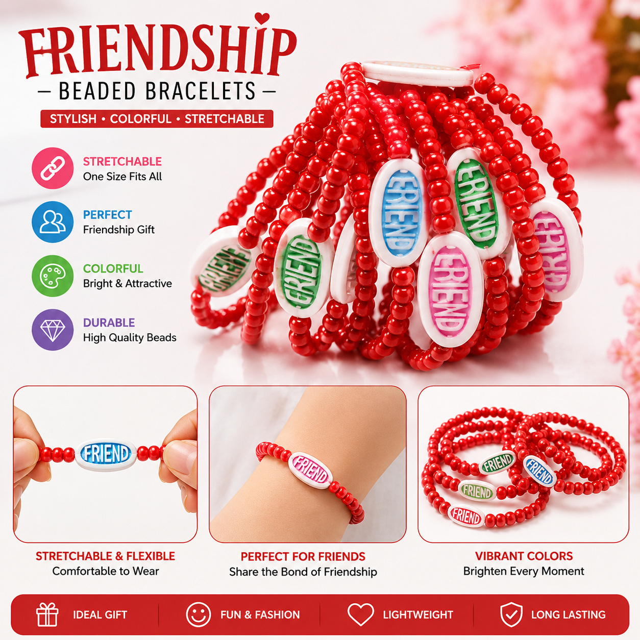 20851 {12 Pcs} Colorful Friendship Bead Bracelet for Kids | Elastic Wrist Band {Random Design}