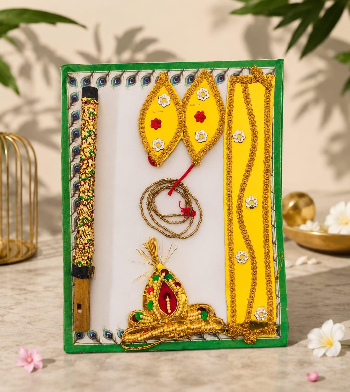 21122 Krishna Costume Accessories Set with Mukut, Bansuri, Mala, Kamarband and Bajuband, Golden for Janmashtami Festival Kid Age 0 to 2 Years
