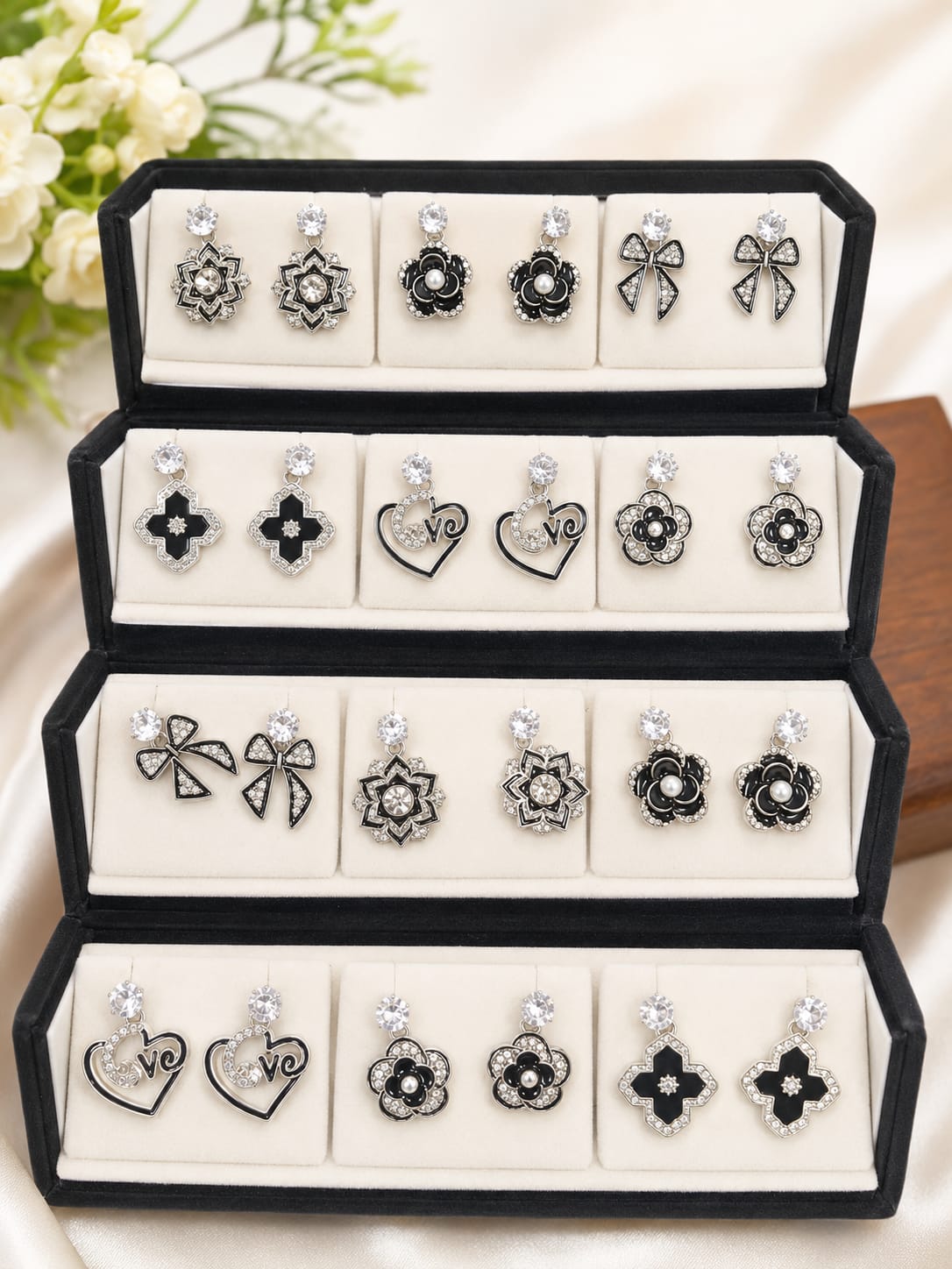 20945 Premium 12 Pairs Korean Style Earrings Combo Set for Women | Trendy Gold, Crystal & Pearl Designs | Gift Collection with Foldable Display Stand